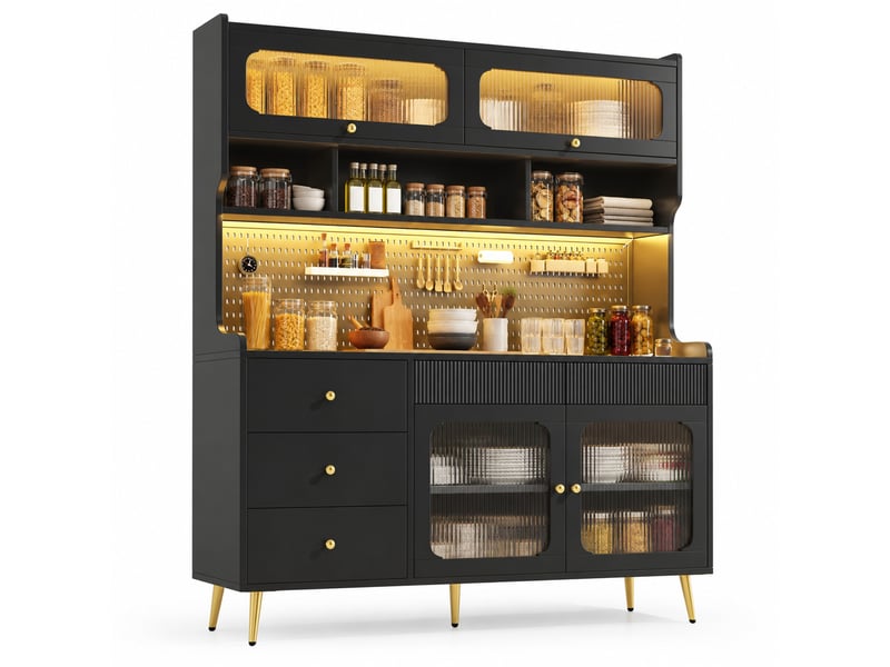  Buffet haut de rangement avec porte relevable, tiroir, étagères en verre et led pour cuisine en mdf noir 145×39×171 cm  - Conforama A
