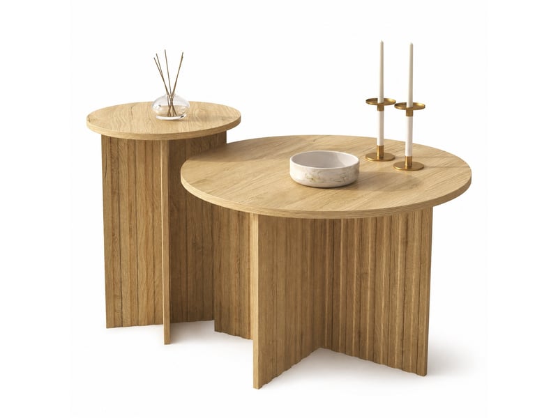  Tables basses gigognes rondes avec 2 plateaux, structure emboîtable, pour salon, en mdf et panneau de particules  - Conforama A