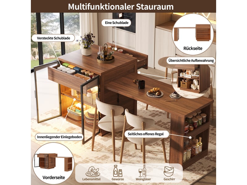  Îlot de cuisine 122x70x94 cm - éclairage led - usb et usb-c - grand rangement - étagères réglables - portes vitrées - avec tiroirs - marron CozyNest - Conforama E