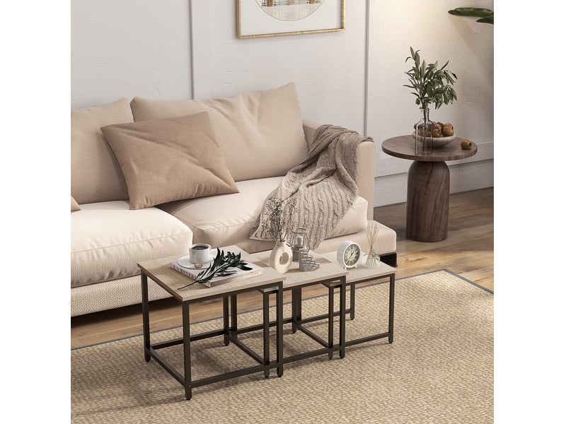 Tables basses gigognes lot de 3 avec pieds réglables, cadre en acier noir, décor bois naturel pour salon 45 × 45 × 44 cm - Conforama B