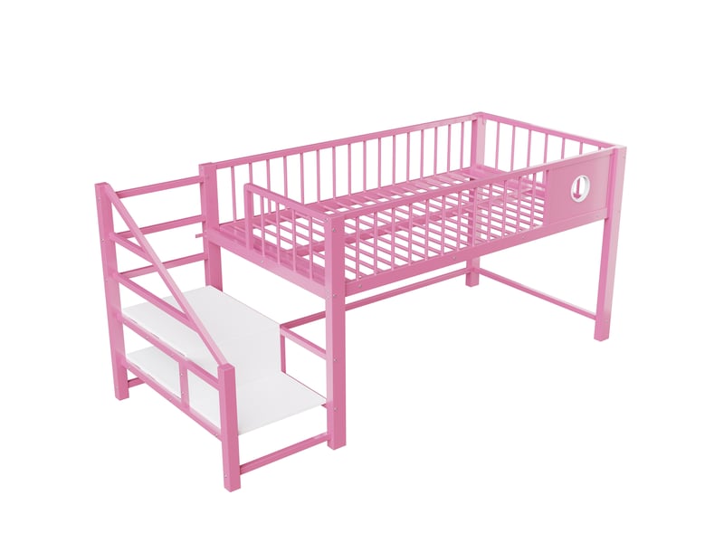  Lit mezzanine bas rose avec échelle de rangement, lit enfant 90x200 cm en métal robuste pour chambre fille, capacité 120 kg.  - Conforama C