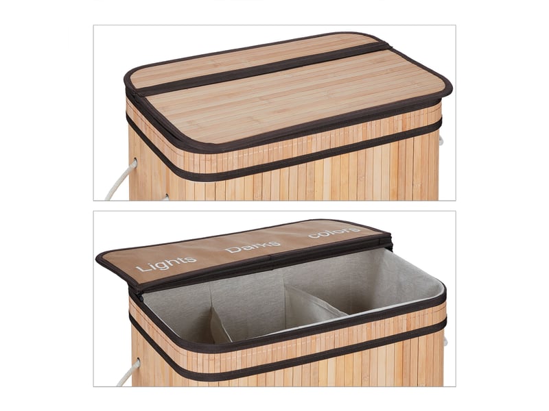  Panier à linge trieur décoratif salle de bain 63 x 55 x 35 cm avec 3 compartiments en bambou naturel 13_0011566  - Conforama C