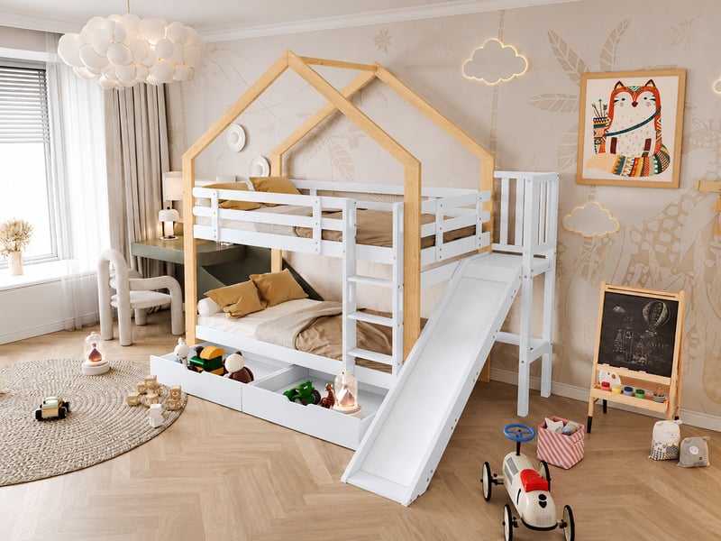  Lit superposé cabane avec toboggan - 90x200cm - échelle à 3 marches et 2 tiroirs sous le lit - avec sommiers à lattes - blanc et naturel  - Conforama B