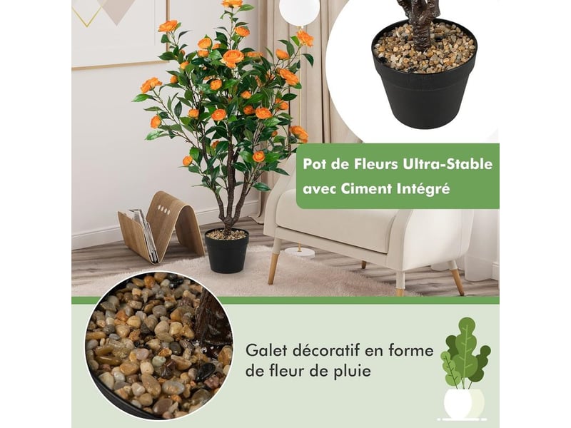  Costway – plante verte artificielle camélia 100 cm – 37 fleurs en pleine floraison – pot en pp avec galets décoratifs – résistante aux uv  - Conforama D