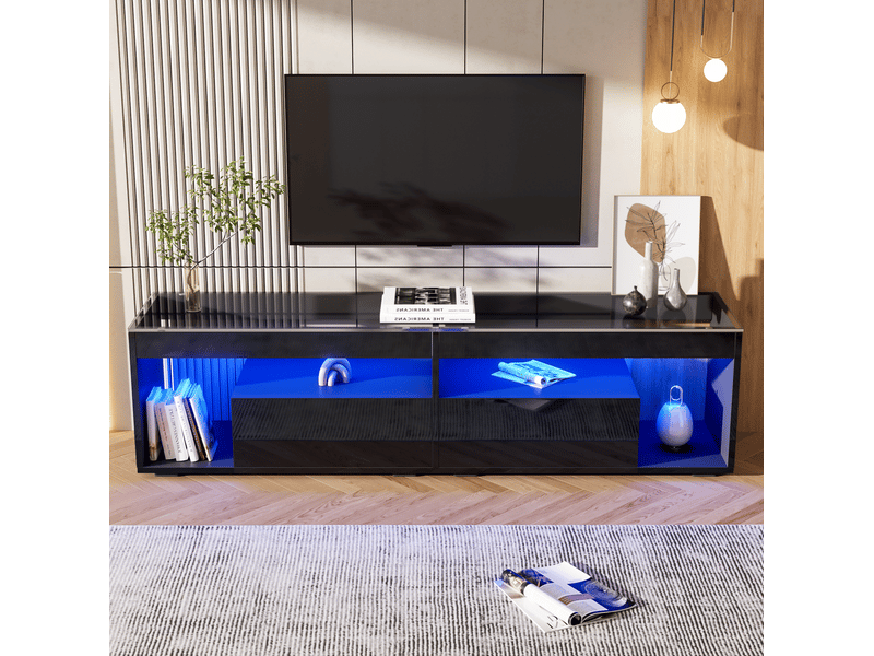  Meuble tv noir avec led 180 x 40 x 46 cm, 2 tiroirs, pour téléviseur jusqu'à 70 pouces  - Conforama D