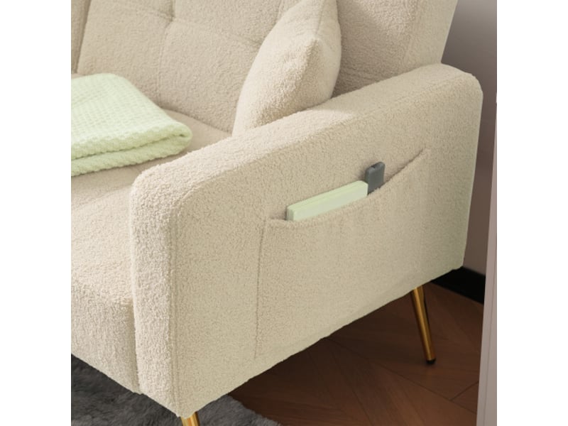  Canapé-lit convertible 2 places - canapé-lit inclinable - pieds dorés, coussins et poches de rangement latérales - sherpa beige  - Conforama E