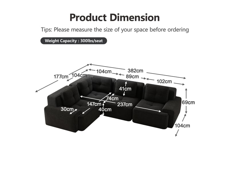  Canapé d'angle modulaire sans montage avec assise profonde et base antidérapante en velours côtelé noir  - Conforama E