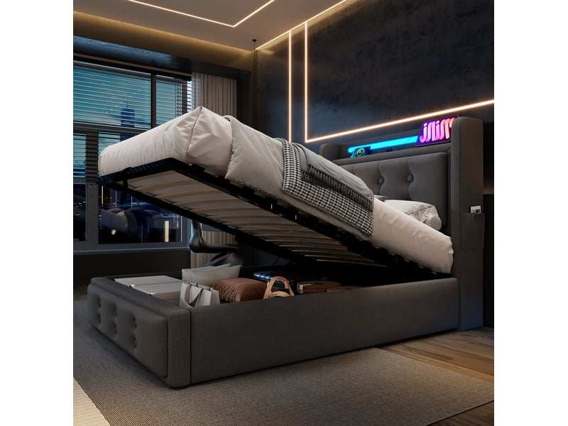  Lit coffre 90 x 200 cm avec matelas, led, prises et usb-c - gris  - Conforama B
