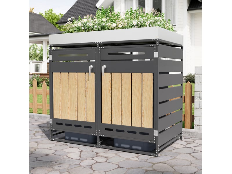  Abri poubelle avec jardinière intégrée, 2 compartiments, ventilation et portes verrouillables en fer noir 137 × 79 × 125 cm  - Conforama D
