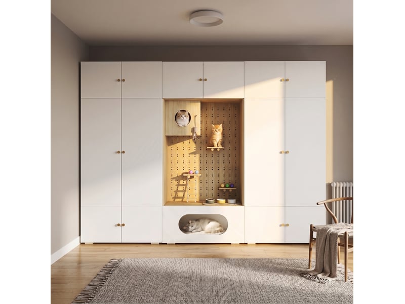 Armoire dressing 270x50x202 cm, 11 compartiments rangement, penderie, panneaux de particules, blanc et aspect bois - Conforama B