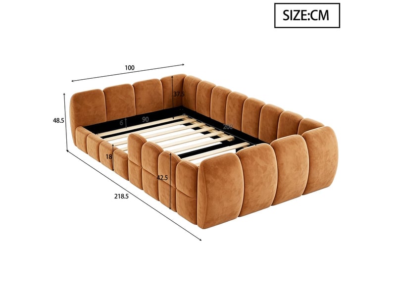 Lit au sol rembourré enfant 90x200 cm, velours, design fermé, coins arrondis, orange, sans matelas - Conforama C