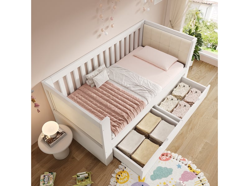 Lit banquette 90 x 200 cm, avec 2 tiroirs, méridienne accoudoirs arrondis, structure en bois, matelas non inclus, blanc - Conforama C