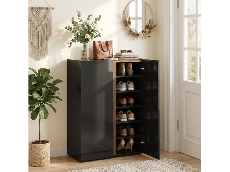 Meuble à chaussures 70.00×33.50×95.00 cm en panneaux de particules, 6 niveaux et portes à fermeture douce, noir chicfurn  - Conforama C