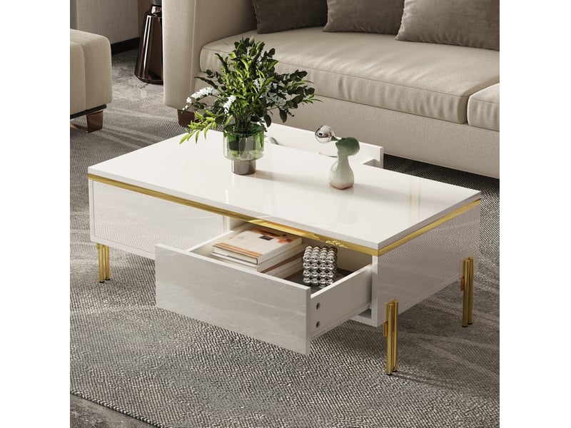  Table basse rectangulaire 100x50x36 cm avec rangement tiroirs double face, pour salon, panneau de particules, blanc  - Conforama B
