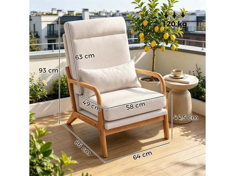  Fauteuil de salon 64x86x93cm – chaise d'accent avec coussin lombaire et dossier haut – lin - beige  - Conforama C