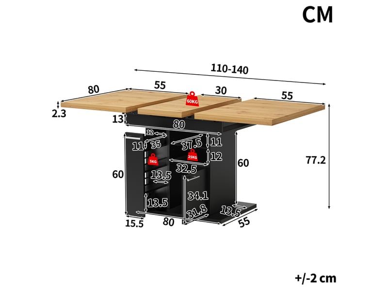  Table à manger extensible,110-140x80x77,2 cm,avec rangement led,mdf,noire  - Conforama C