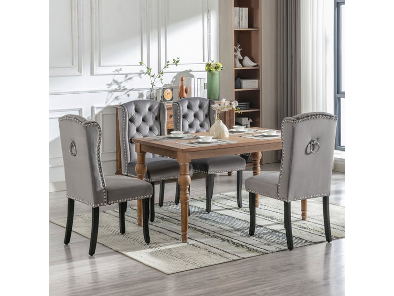  Chaises de salle à manger lot de 4 avec dossier capitonné  - pieds en chêne, clous argentés, velours gris  - Conforama B
