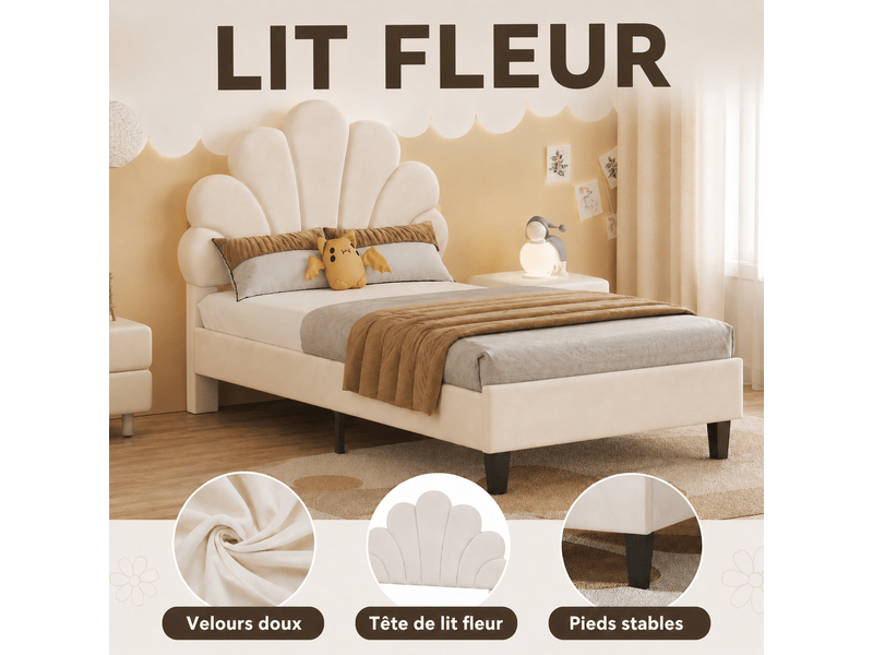 Lit enfant 90x190 avec sommier à lattes - lit rembourré 1 places avec tête de lit réglable en forme de fleur - tête de lit florale réglable - lit simple - lit simple avec tête de lit fleur réglable en hauteur - 1 personne - velo… - Conforama W