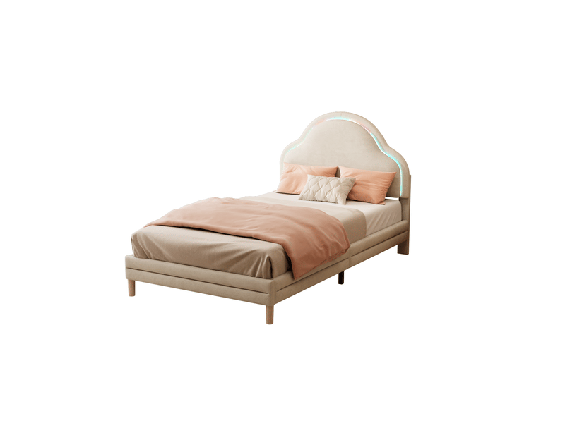 Lit enfant 90x200 cm en velours beige avec tête de lit nuage et led multicolores  - Conforama A