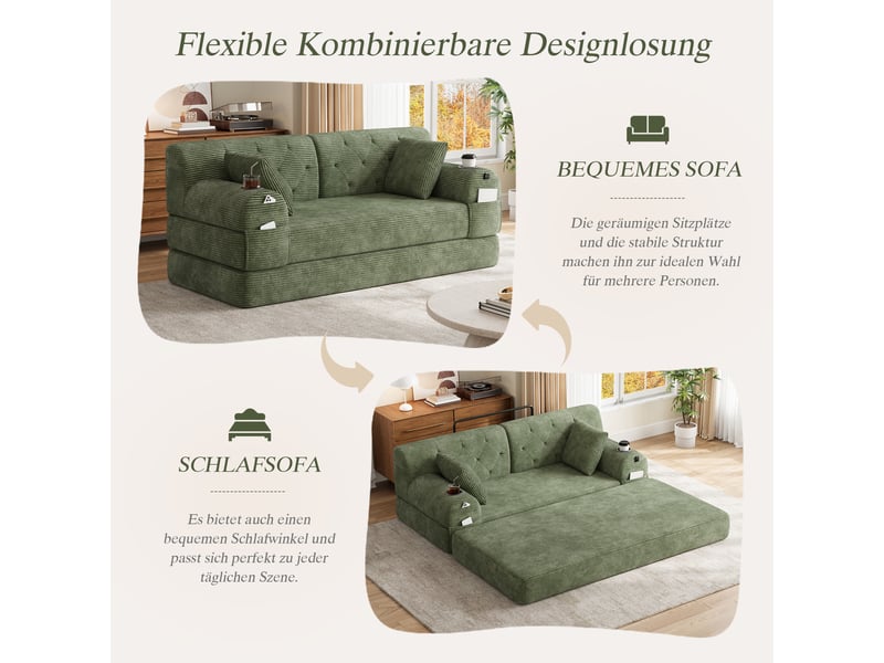  Canapé droit convertible 2 places en velours côtelé vert 168 x 80 x 81 cm, dossier haut, porte-gobelets, poches 168x80x81cm - Conforama W