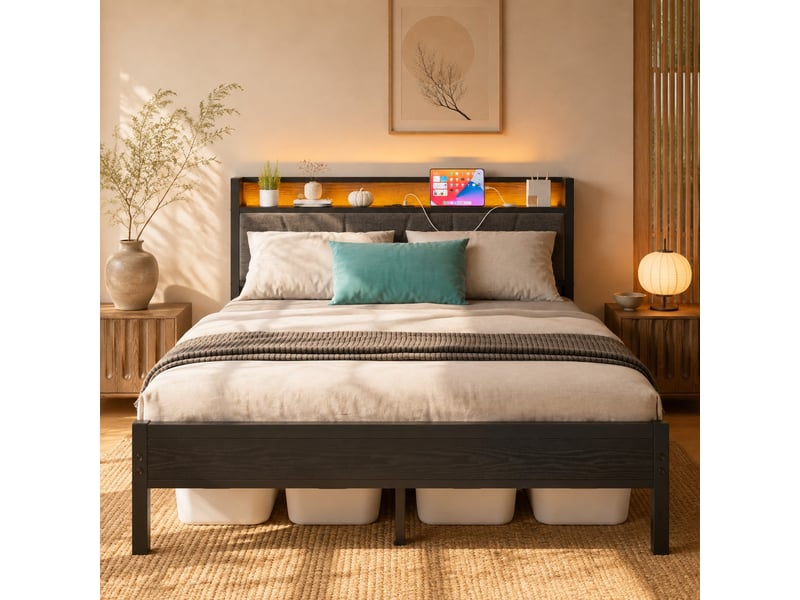 Cadre de lit 140 x 200 cm noir avec led, tête de lit de rangement et ports usb - Conforama D