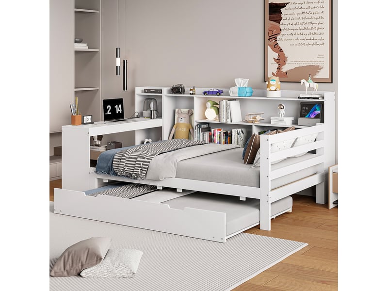 Lit multifonction 90 x 200 cm avec lit gigogne, bureau, étagères et prise, blanc  - Conforama B