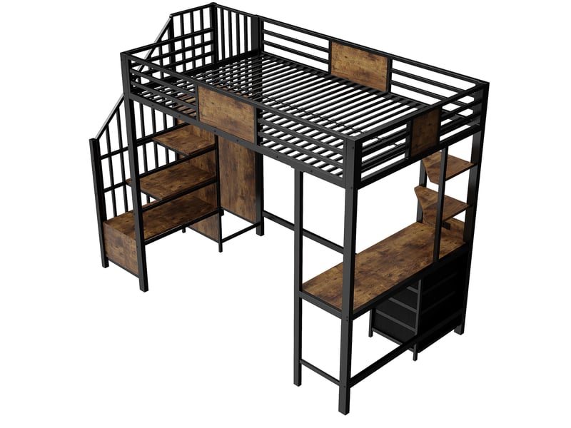  Lit mezzanine 90x200 cm – noir – bureau, rangements, tringle, led, prise et escalier intégrés - sans matelas  - Conforama D