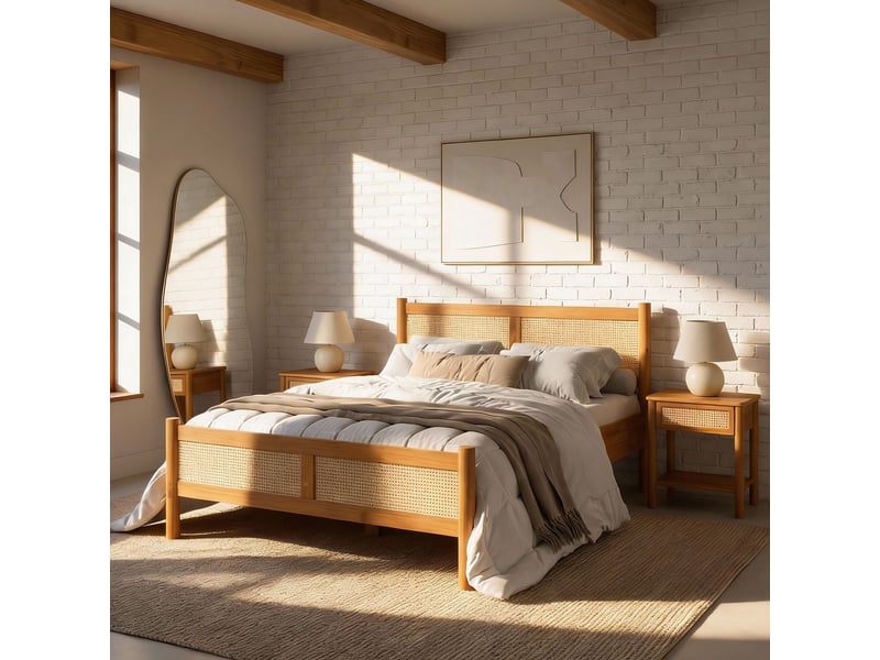Lit double cefira 160x200 avec tête de lit en rotin - coloris chêne  - Conforama B