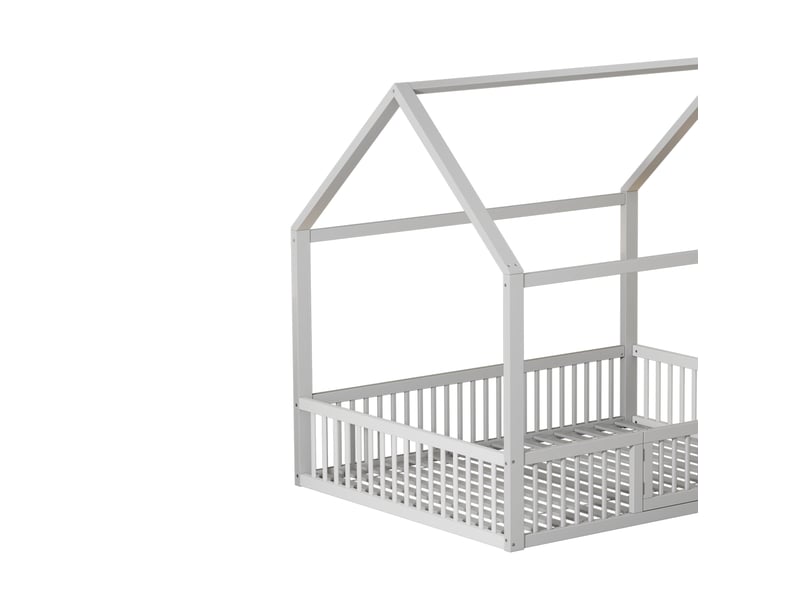  Lit enfant cabane 140x200 cm en pin blanc avec barrières et porte  - Conforama R