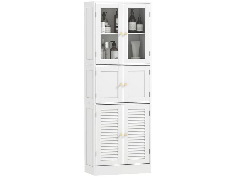  Colonne de salle de bain étroite avec portes vitrées à persiennes et étagères réglables, 60 x 30 x 170 cm, blanche  - Conforama B