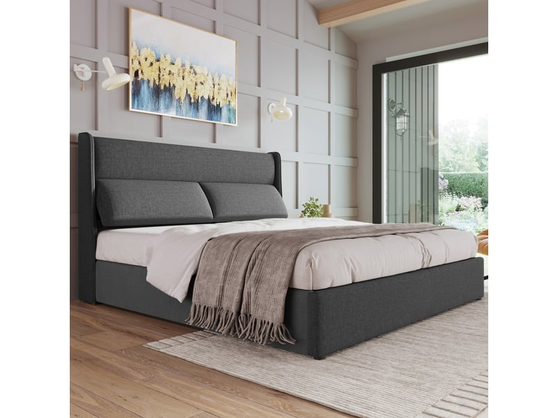  Lit coffre gris 160x200 cm avec matelas inclus et tête de lit réglable  - Conforama W