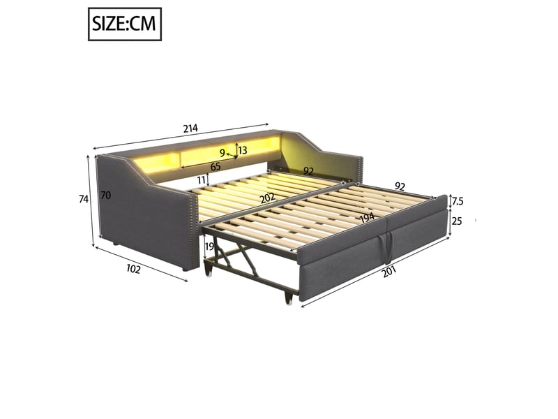  Lit enfant gigogne 90 x 200 cm, rangements latéraux led+usb, sommier lattes, tissu lin, gris foncé sans matelas  - Conforama C