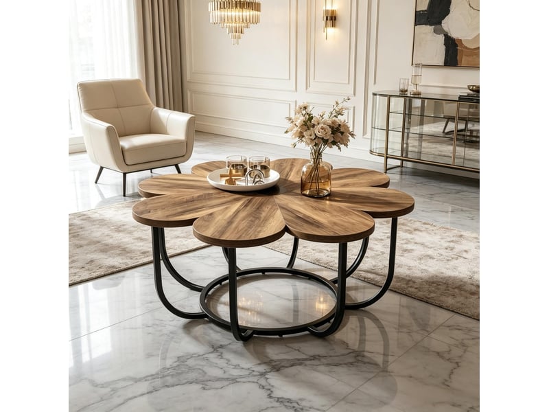  Table basse ronde 100x100x50 cm – noir et marron – plateau floral et piètement en métal courbé pour salon  - Conforama D