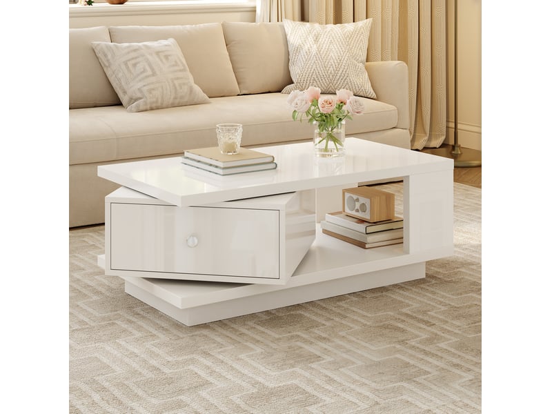  Table basse avec tiroir pivotant, niche ouverte et poignée métal, finition brillante blanche pour salon en mdf  - Conforama B