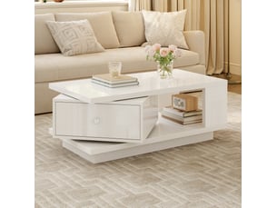 Table basse avec tiroir pivotant, niche ouverte et poignée métal, finition brillante blanche pour salon en mdf