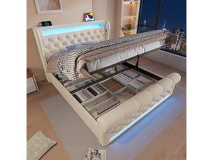 Lit double 160x200cm en tissu beige, tête de lit avec leds, ports usbc et rangement hydraulique, sans matelas