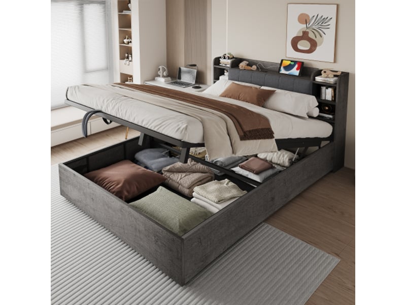  Lit en bois 180x200 cm avec tête de lit de rangement, lit hydraulique, ports usb et usb-c, gris, sans matelas  - Conforama B