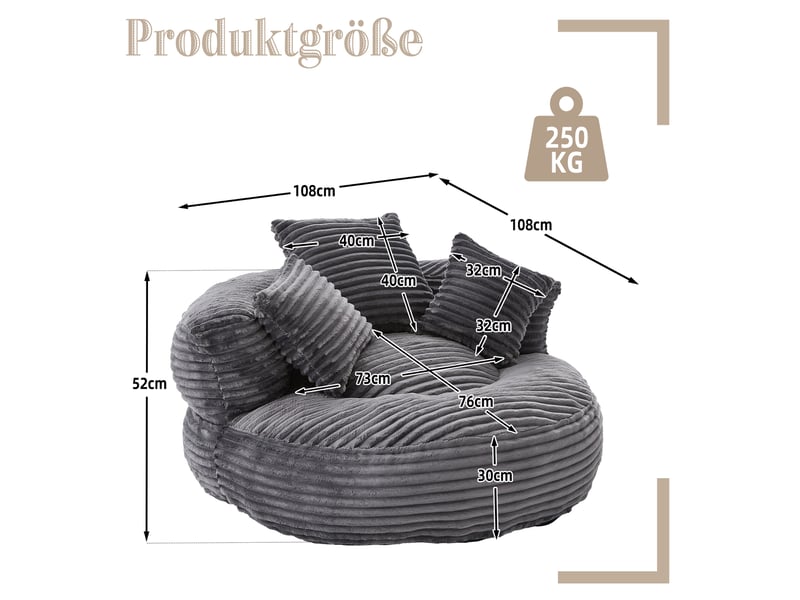  Fauteuil pouf 1 place en velours côtelé gris foncé avec 3 coussins, dossier haut et accoudoirs enveloppants  - Conforama C