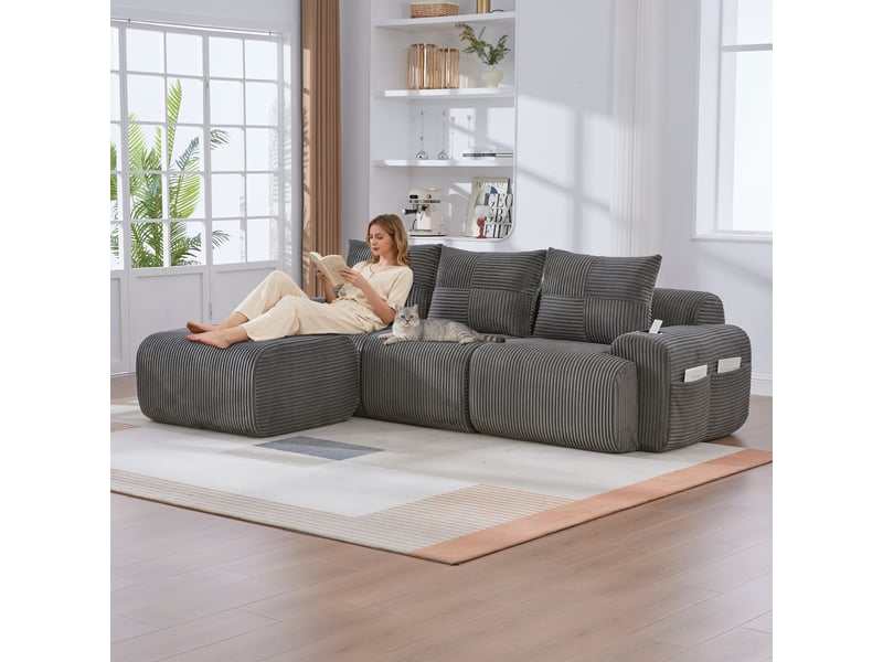 Canapé modulable, canapé de salon; gris foncé, en velours tricoté, porte-gobelets - Conforama R
