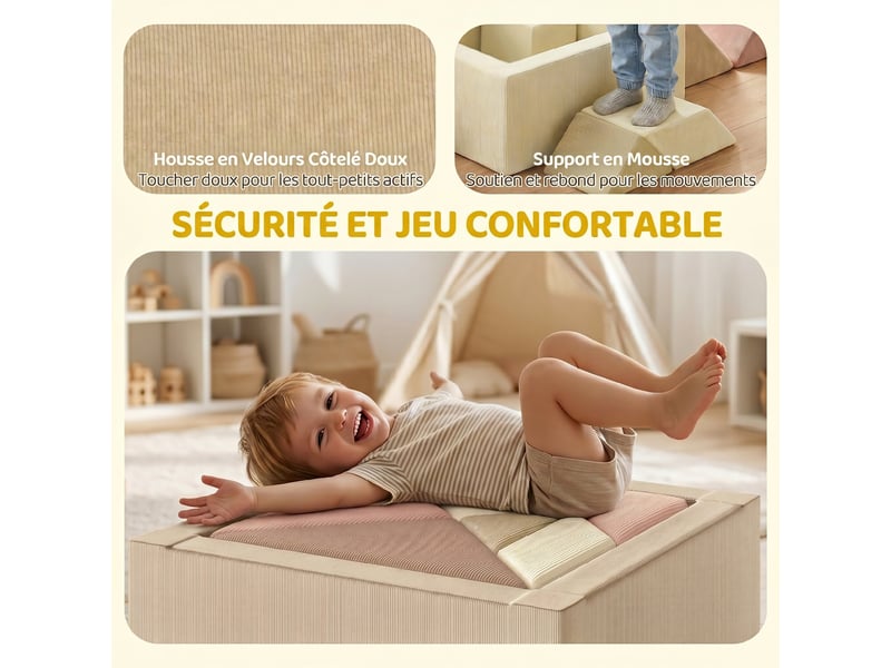  Parcours motricité bébé 9pcs avec piscine à balles, module en mousse souple avec housse en velours côtelé, multicolore  - Conforama E