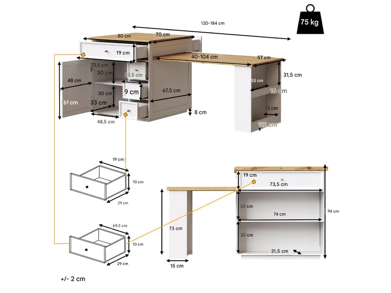  Îlot de cuisine extensible avec tiroirs mdf blanc 120-184x70x94 cm - pangivo  - Conforama C