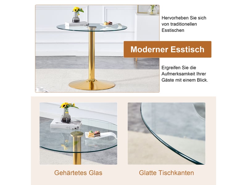  Ensemble table et 2 chaises de salle à manger, table ronde en verre trempé de 85 cm, blanc et doré, style contemporain  - Conforama R
