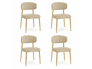 Lot de 4 chaises de salle à manger, dossier courbé, métal et bois, couleur marron et doré