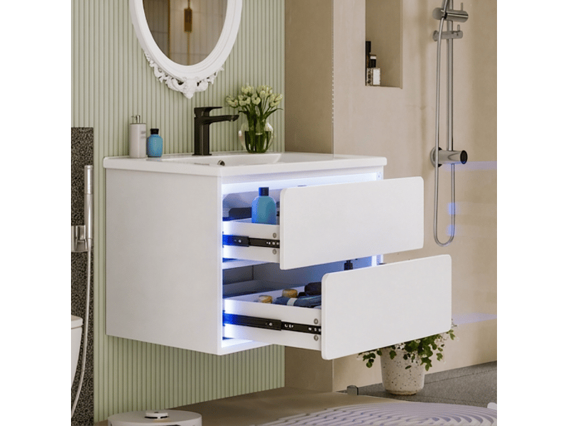 Meuble salle de bain suspendu 76 cm avec led meuble sous vasque blanc 2 tiroirs - Conforama D