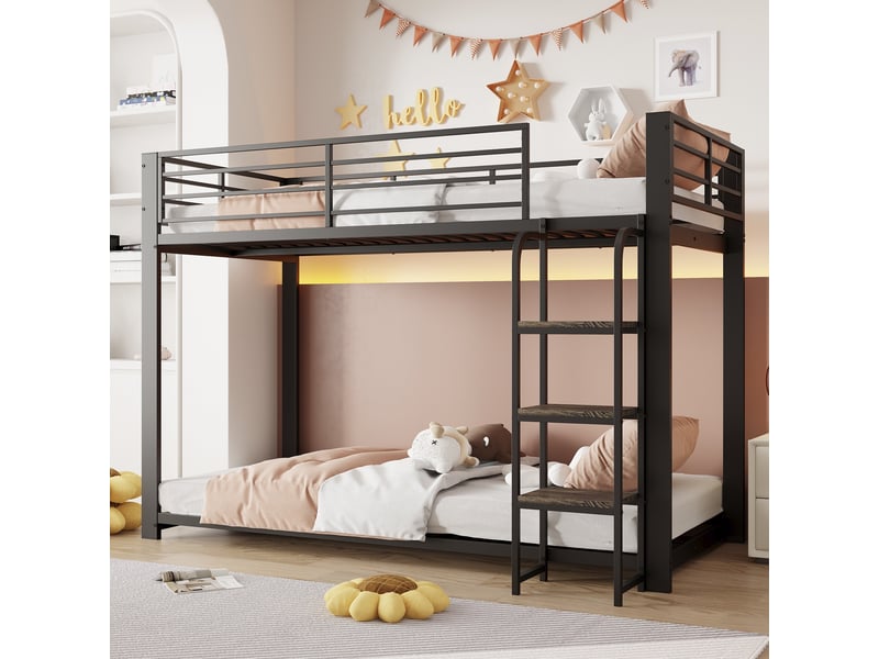  Lit superposé 90x200cm - lit simple enfant en métal avec échelle à marches en bois - barrière de sécurité haut - noir  - Conforama D