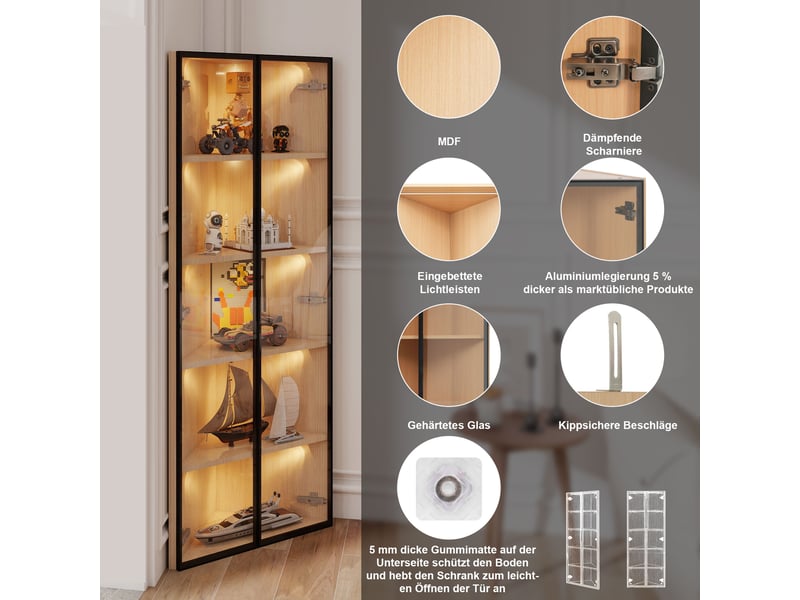  Vitrine en verre led 62x35x160cm, vitrine d'angle aspect chêne avec éclairage intégré, meuble de collection 160cm anti-poussière  - Conforama R