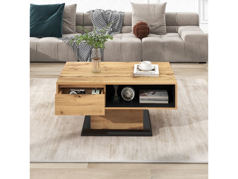  Table basse 100x60x47 cm avec tiroir sans poignée et rangements double face, panneaux de particules mélaminés, bois et anthracite ABC - Conforama E