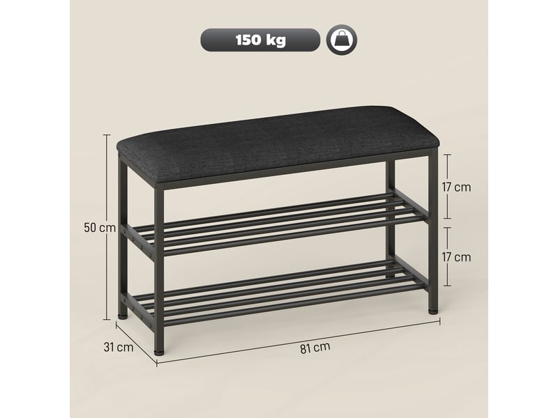  Banc à chaussures avec assise, banc avec espace de rangement, étagère à chaussures à 2 compartiments ouverts, banc 81 x 31 x 50 cm noir  - Conforama E