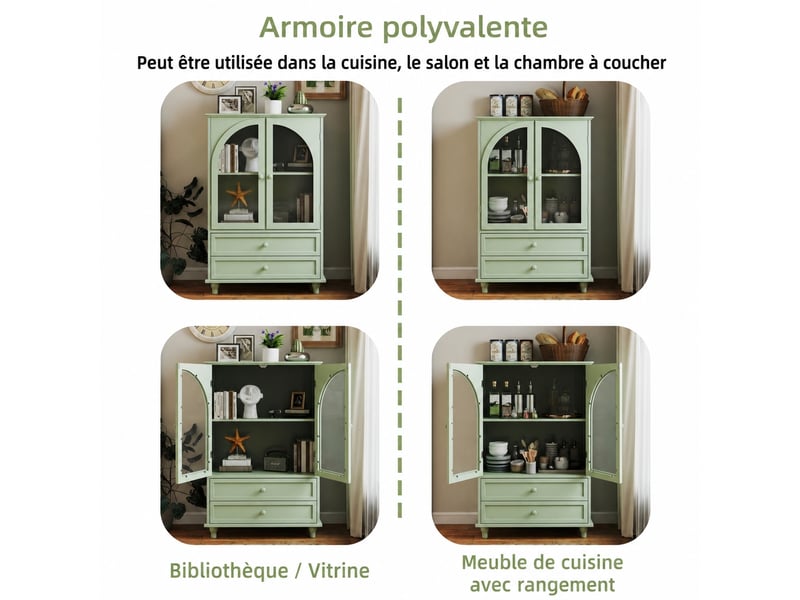 Buffet vitré vert menthe, style campagne, 2 portes et 2 tiroirs, 71 x 38 x 106,5 cm - Conforama E