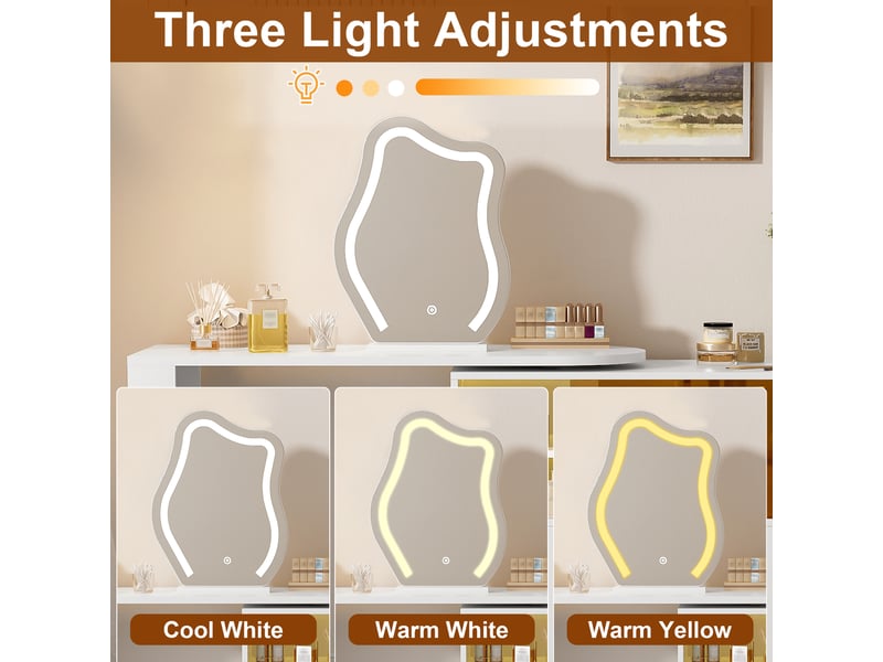 Coiffeuse pivotante 177 cm avec miroir led - bureau modulable en l, grand rangement à étagères et placards éclairés - blanc  - Conforama E